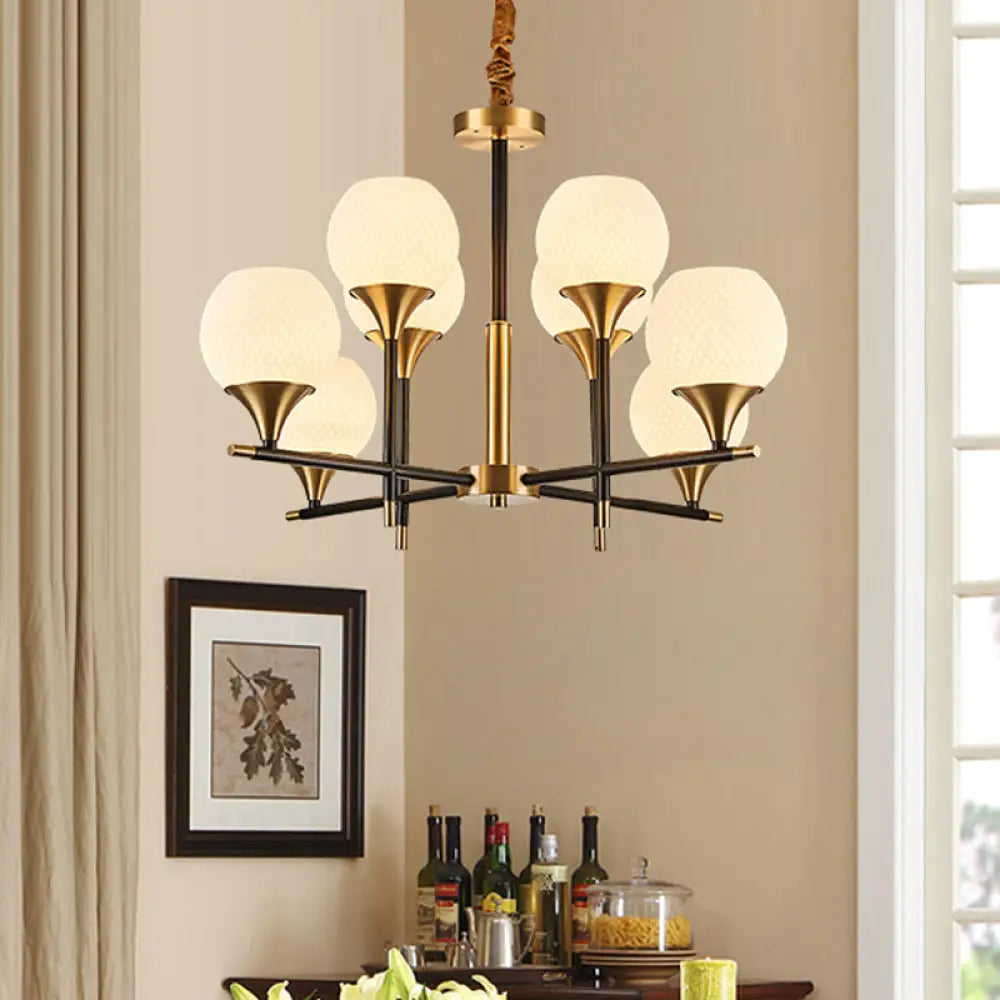 Victorian - Inspired Chandeliers with Ornate DetailsVictorian - Inspired Chandeliers with Ornate DetailsWhite Glass Global Chandelier with 8 Bulbs: Contemporary Bedroom Lamp with Vertical Design
